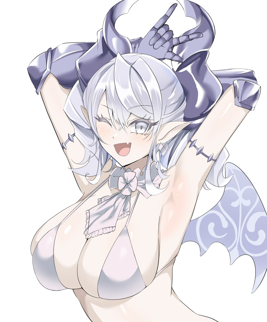 1girl armpits arms_up breasts cleavage demon_girl demon_horns demon_wings duel_monster grey_eyes highres horns large_breasts lovely_labrynth_of_the_silver_castle low_wings pointy_ears smile solo synchroman twintails white_hair wings yu-gi-oh!