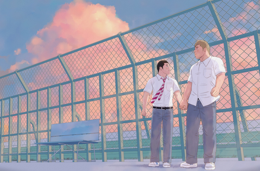 2boys bara belt bench blonde_hair blush buzz_cut couple cover cover_page denim doujin_cover facial_hair fence from_below full_body height_difference highres holding_hands jeans light_smile long_sideburns male_focus multiple_boys necktie nohara96 on_rooftop original pants red_necktie school_uniform short_hair sideburns stubble thick_eyebrows very_short_hair wind yaoi