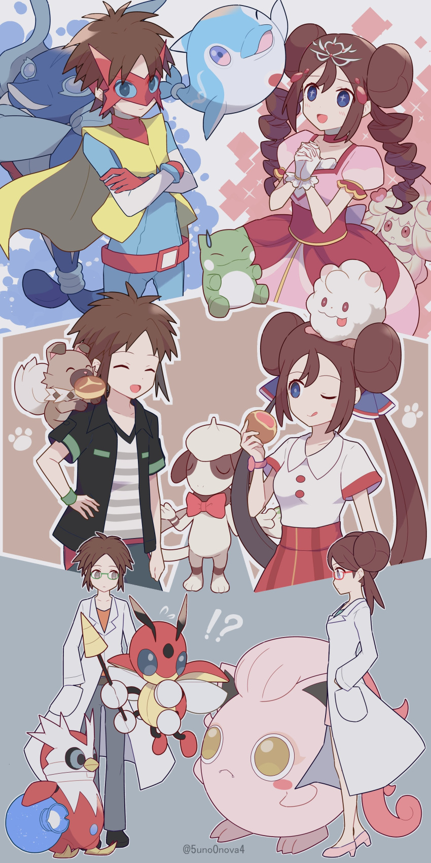 +_+ 1boy 1girl 343rone :d :q absurdres alcremie black_footwear blue_eyes brown_hair closed_eyes coat commentary_request crossed_arms double_bun dress drill_hair food glasses gloves grey_pants hair_bun hand_up high_heels highres holding holding_food iron_bundle ledian nate_(pokemon) on_head open_mouth palafin pants pink_dress pink_footwear pokemon pokemon_(creature) pokemon_(game) pokemon_bw2 pokemon_on_head pokestar_studios rockruff rosa_(pokemon) scream_tail shoes smeargle smile standing substitute_(pokemon) swirlix tongue tongue_out twin_drills white_coat white_gloves