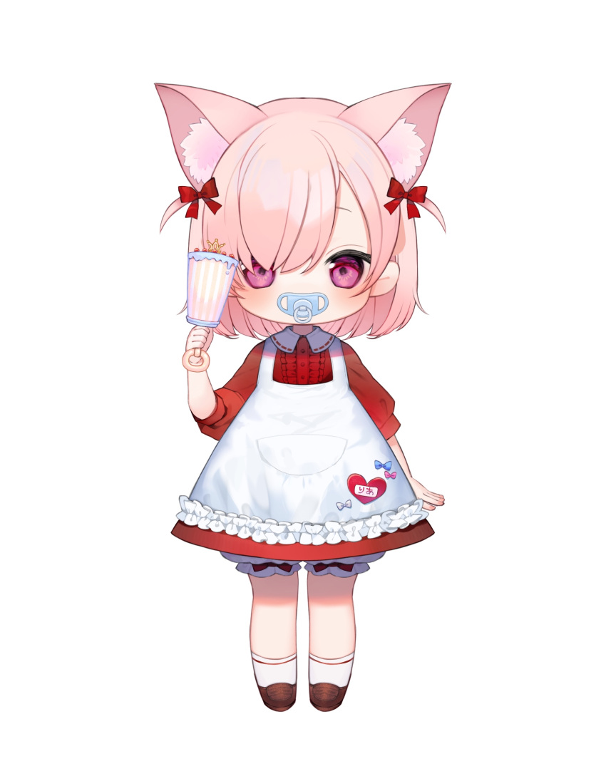 1girl absurdres animal_ear_fluff animal_ears apron bloomers blush bow brown_footwear cat_ears cat_girl character_name collared_dress dress female_child frilled_apron frills full_body hair_bow hand_up heart highres holding holding_rattle loafers looking_at_viewer medium_hair mitsurugi_lia name_tag official_art pacifier pink_eyes pink_hair puffy_short_sleeves puffy_sleeves rattle red_bow red_dress second-party_source shoes short_sleeves simple_background socks solo takehana_note two_side_up underwear wactor_production white_apron white_background white_bloomers white_socks