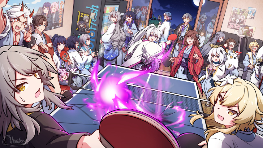 6+boys 6+girls absurdres aether_(genshin_impact) ahoge annotation_request arataki_itto arm_up artist_name bangboo_(zenless_zone_zero) beidou_(genshin_impact) belle_(zenless_zone_zero) black_hair blonde_hair blue_kimono bronya_rand bronya_zaychik brown_hair caelus_(honkai:_star_rail) character_request commentary company_connection crossed_arms cup dan_heng_(honkai:_star_rail) drill_hair dutch_angle english_commentary everyone fu_hua fu_hua_(herrscher_of_sentience) full_moon genshin_impact grey_hair halo hand_fan highres holding holding_cup holding_fan holding_paddle holding_phone honkai:_star_rail honkai_(series) honkai_impact_3rd horns in-franchise_crossover japanese_clothes kaedehara_kazuha kiana_kaslana kiana_kaslana_(herrscher_of_finality) kimono long_hair long_sleeves lumine_(genshin_impact) march_7th_(honkai:_star_rail) mhunter_45 mihoyo miyouji moon multiple_boys multiple_girls murata_himeko night obi onsen open_mouth paddle paimon_(genshin_impact) paper_fan phone ponytail purple_hair raiden_mei red_hair red_horns rosa_(tears_of_themis) sash seele_(honkai:_star_rail) seele_vollerei short_hair_with_long_locks sidelocks sitting standing stelle_(honkai:_star_rail) sushang_(honkai:_star_rail) table_tennis table_tennis_paddle tears_of_themis trailblazer_(honkai:_star_rail) twin_drills uchiwa vending_machine venti_(genshin_impact) very_long_hair white_hair wide_sleeves wise_(zenless_zone_zero) yellow_eyes zenless_zone_zero