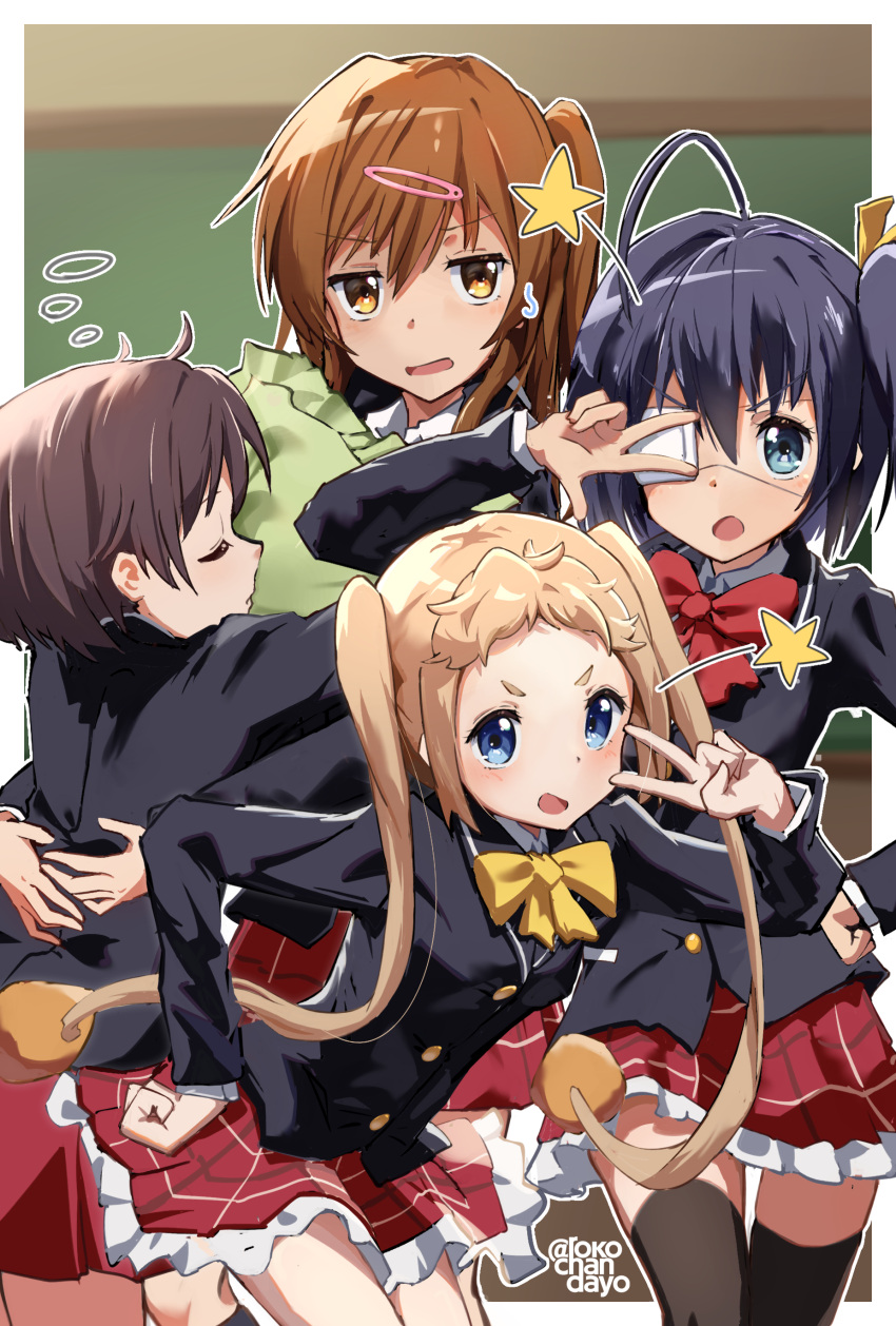 4girls absurdres ahoge black_thighhighs blazer blonde_hair blue_eyes blue_hair blue_jacket brown_hair chalkboard chuunibyou_demo_koi_ga_shitai! dark_blue_hair dekomori_sanae eyepatch frilled_skirt frills hair_ornament hairclip highres hug hugging_object icho_private_high_school_uniform jacket long_hair long_sleeves looking_at_viewer medical_eyepatch multiple_girls nibutani_shinka one_side_up open_mouth pillow pillow_hug plaid plaid_skirt red_skirt rokochandayo school_uniform short_hair skirt sleeping sleeping_upright star_(symbol) takanashi_rikka thighhighs tsuyuri_kumin twitter_username v v_over_eye yellow_eyes