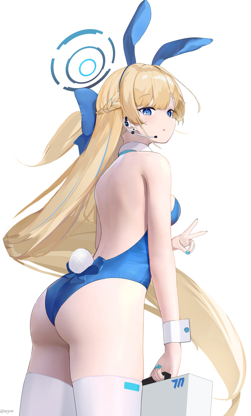 1girl :o absurdres animal_ears ass back backless_leotard bare_shoulders blonde_hair blue_archive blue_bow blue_eyes blue_hairband blue_leotard blue_nails bow breasts briefcase earpiece fake_animal_ears fake_tail floating_hair fuenyuan hairband halo highres holding holding_briefcase leotard long_hair medium_breasts microphone official_alternate_costume official_alternate_hairstyle parted_lips playboy_bunny rabbit_ears rabbit_tail simple_background skindentation tail thighhighs thighs toki_(blue_archive) toki_(bunny)_(blue_archive) v very_long_hair white_background white_thighhighs wrist_cuffs