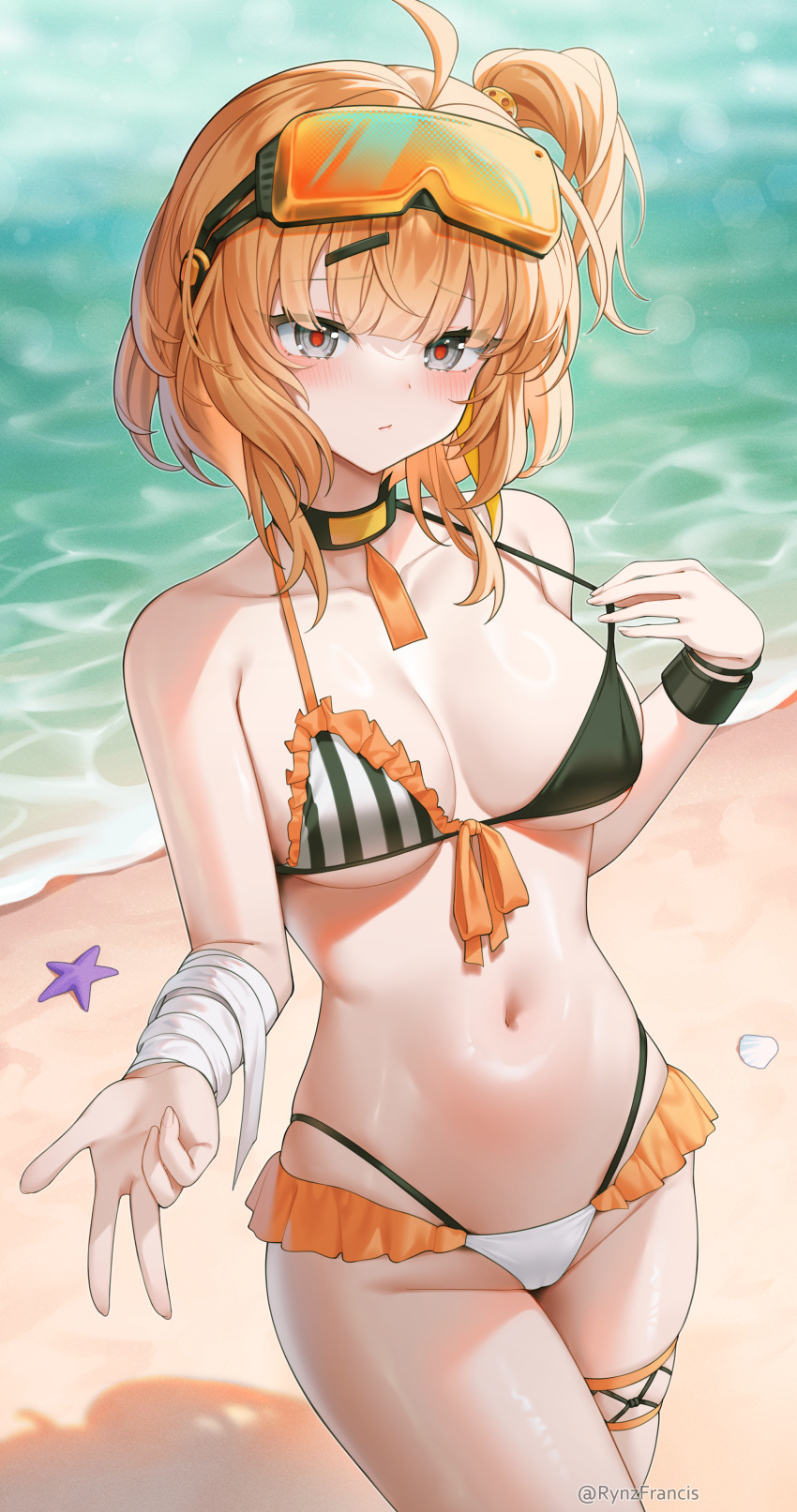 1girl absurdres ahoge bandaged_arm bandages beach bikini bikini_pull blonde_hair blush breasts choker closed_mouth clothes_pull cowboy_shot girls'_frontline goggles goggles_on_head grey_eyes hair_ornament hairclip highres looking_at_viewer medium_breasts medium_hair navel rynzfrancis sand shell side_ponytail solo starfish sterling_(girls'_frontline) swimsuit thigh_strap w water