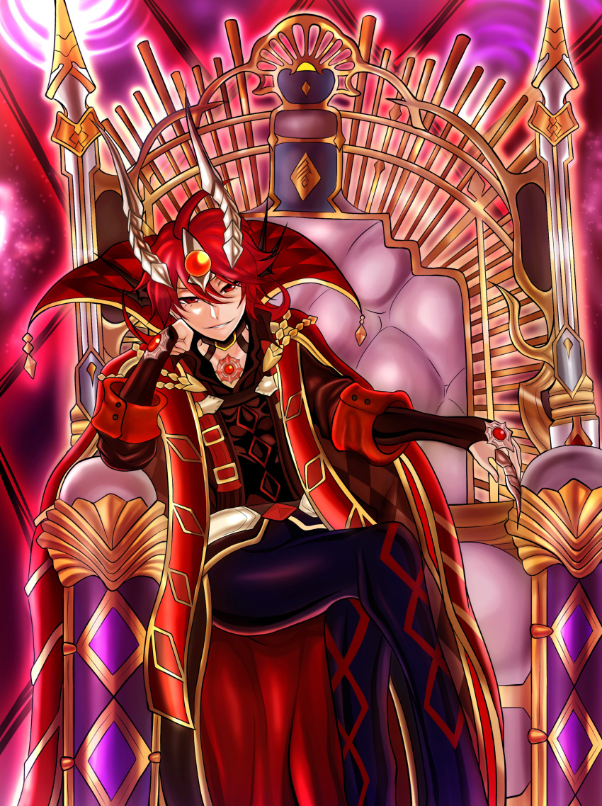 1boy absurdres crossed_legs demon_horns duel_monster forehead_jewel hand_on_own_cheek hand_on_own_face highres horns red_eyes red_hair robe sitting sitting_on_object the_bystial_aluber throne user_zsru8573 yu-gi-oh!