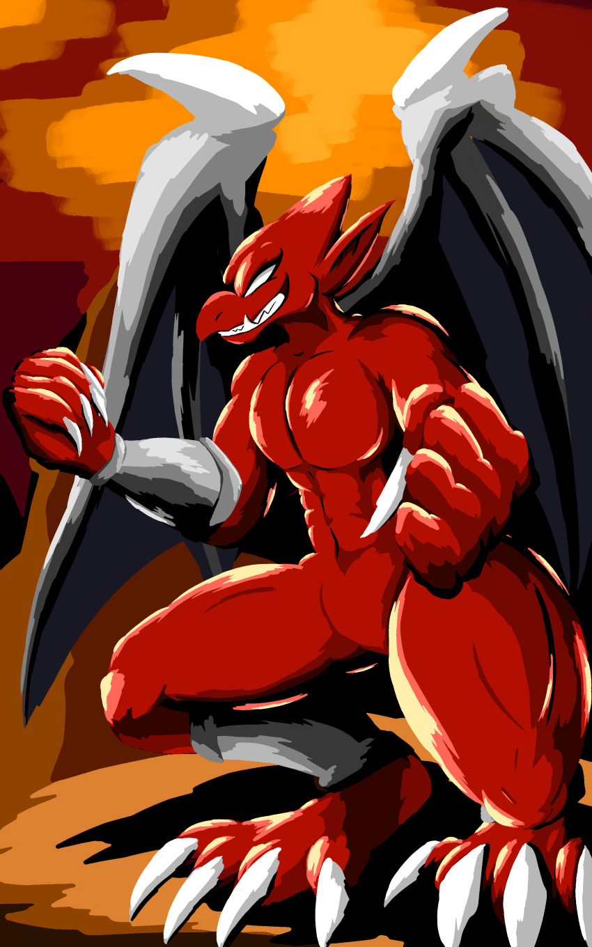 4_toes absurd_res anthro armor barefoot bracers claws crouching demon fangs feet firebrand gargoyle glistening glistening_body hi_res humanoid_pointy_ears male membrane_(anatomy) membranous_wings muscular muscular_male pecs red_arremer red_body shadowsoulful smile solo teeth toe_claws toes white_eyes wing_claws wings