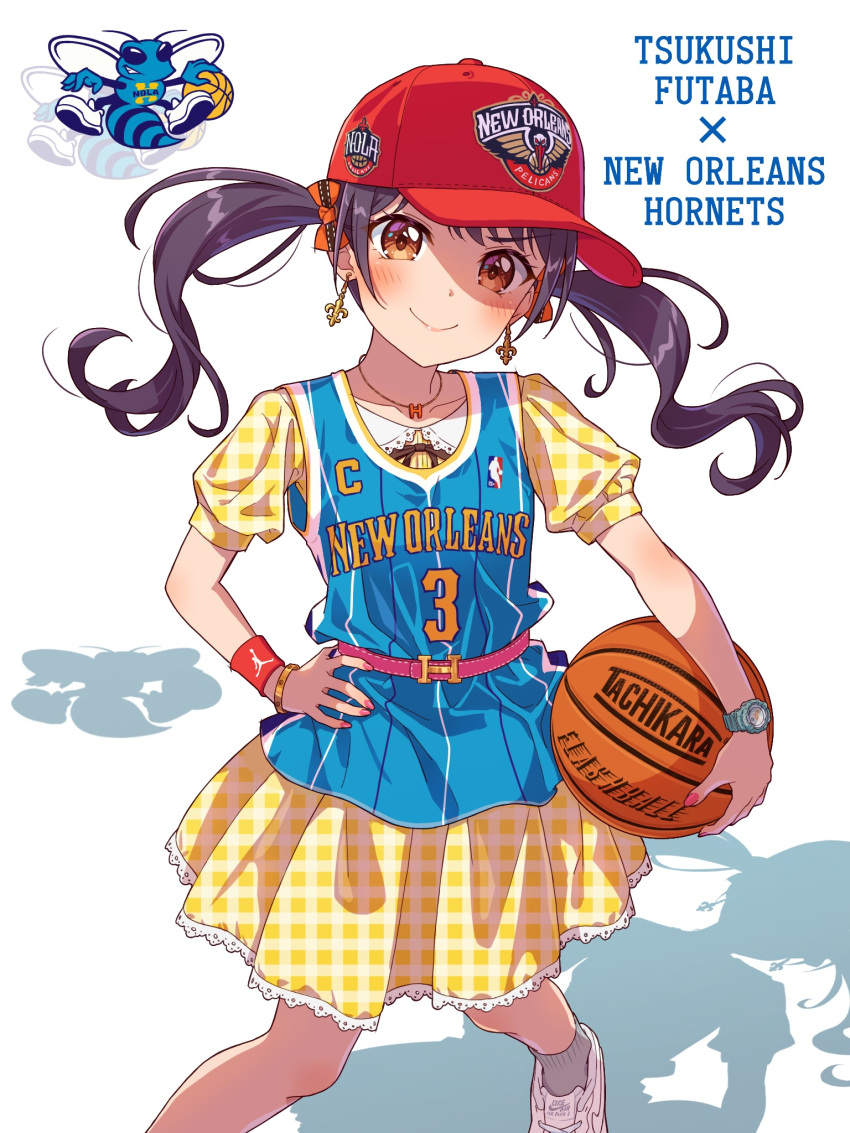 1girl air_jordan ball bang_dream! basketball_(object) black_hair blush brown_eyes character_name collarbone copyright_name dress earrings floating_hair futaba_tsukushi grey_socks head_tilt highres holding holding_ball jewelry long_hair looking_at_viewer national_basketball_association necklace new_orleans_hornets plaid plaid_dress red_headwear shadow shoes simple_background smile sneakers socks solo twintails v-shaped_eyebrows white_background white_footwear yazawa_happyaro yellow_dress