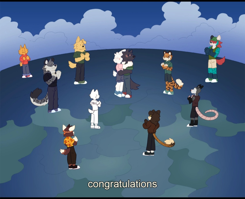 aledles ambiguous_species anthro bird_dog blush blush_lines canid canine canis clapping dev_(i_think_i_like_you) dokkopi domestic_dog felid golden_retriever group herutastic hugging_partner hunting_dog hyena i_think_i_like_you lagomorph leon_(i_think_i_like_you) leporid looking_at_viewer male male/male mammal neon_genesis_evangelion pantherine parody rabbit ray_(i_think_i_like_you) red_(i_think_i_like_you) retriever sky_(i_think_i_like_you) snow_leopard tagme wolf ych_(character) yeentrash zeb_(i_think_i_like_you)