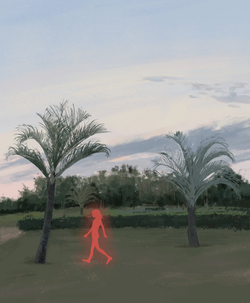 1girl blue_sky bush cloud commentary day english_commentary glowing grass highres kgeroua original outdoors palm_tree scenery sky solo tree