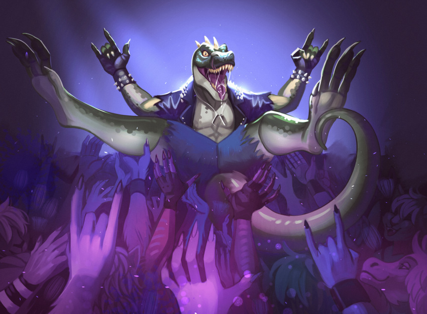 anthro bodily_fluids claws crowd dinosaur fangsboi group hi_res male open_mouth reptile rocco_(tallion) saliva saliva_string scales scalie sharp_teeth spikes spikes_(anatomy) tail teeth theropod tyrannosaurid tyrannosaurus tyrannosaurus_rex