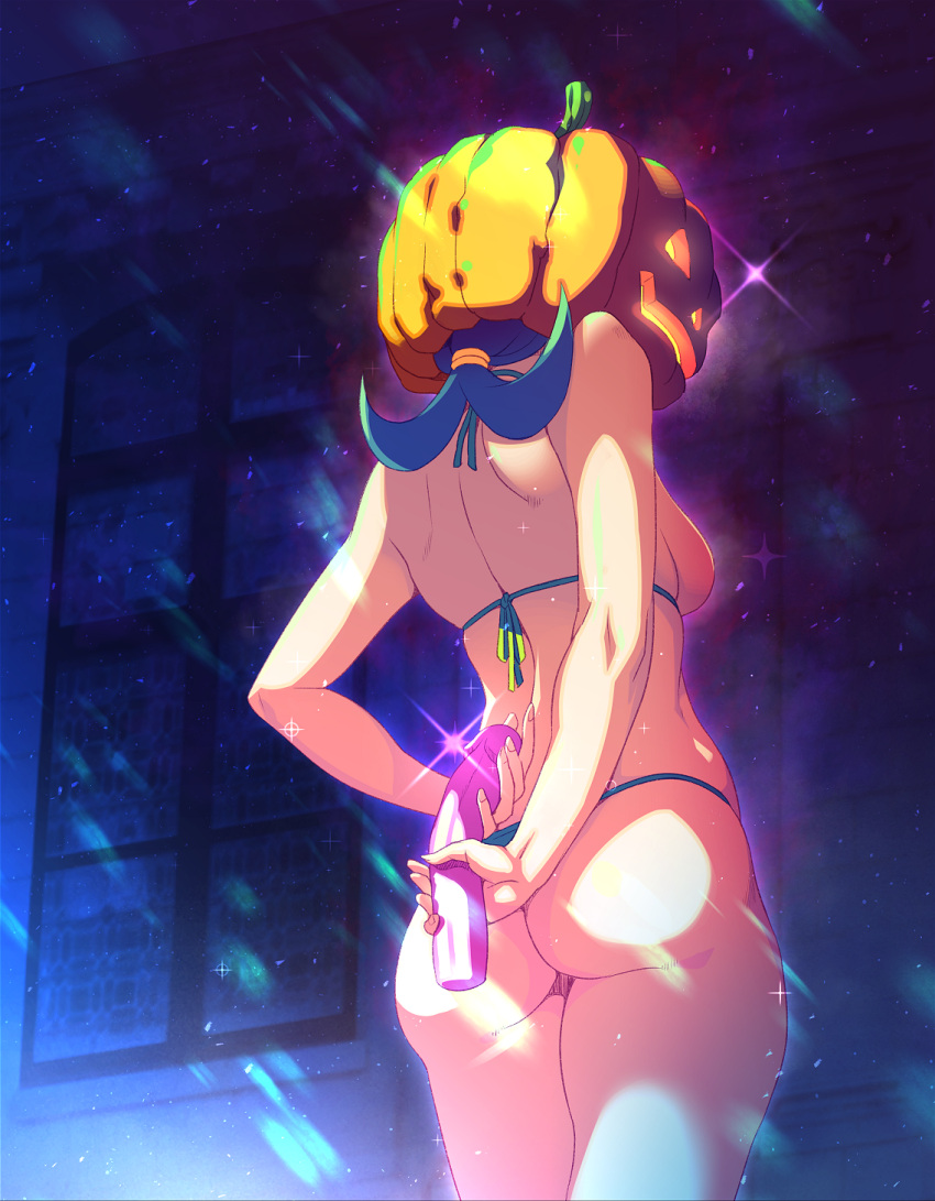 1girl 2023 arms_behind_back ass bikini blue_bikini blue_hair breasts dildo ero_kaeru from_below glowing halloween highres holding jack-o'-lantern jack-o'-lantern_head lana's_mother_(pokemon) long_hair night outdoors pokemon pokemon_(anime) pokemon_sm_(anime) ponytail sex_toy shoulder_blades solo standing swimsuit