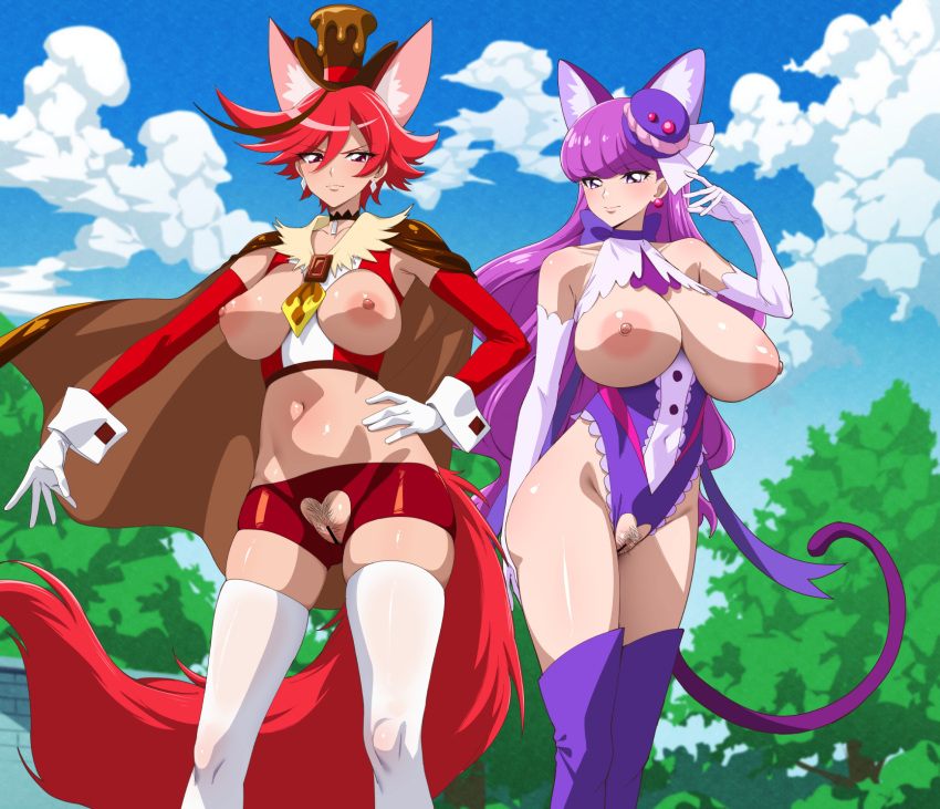 2girls animal_ears bar_censor blue_sky blush breasts breasts_out cape censored cloud crotchless crotchless_leotard crotchless_shorts cure_chocolat cure_macaron earrings elbow_gloves fake_animal_ears fake_tail fuooooo gloves hand_on_own_hip hat highres jewelry kirakira_precure_a_la_mode large_breasts long_hair looking_at_viewer midriff multiple_girls navel nipples outdoors paid_reward_available precure pubic_hair purple_eyes purple_hair pussy red_eyes short_hair sky smile tail thighhighs top_hat very_long_hair white_gloves white_thighhighs