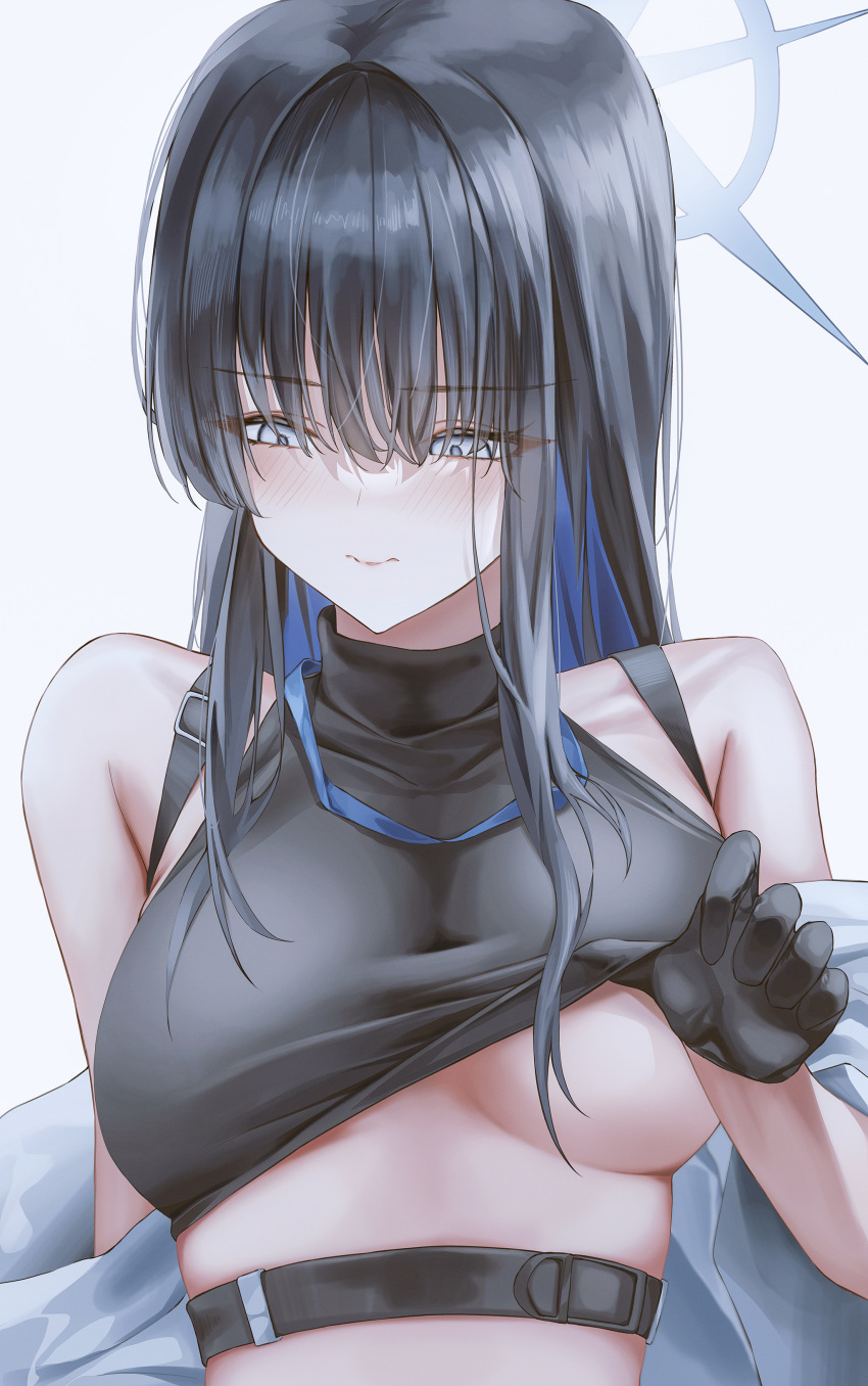 1girl absurdres averting_eyes black_gloves black_hair black_shirt blue_archive blue_hair blush breasts chest_harness clothes_lift coat colored_inner_hair gloves halo harness highres lifted_by_self looking_down medium_breasts moda_(mo_da_3) multicolored_hair saori_(blue_archive) shirt shirt_lift simple_background solo straight_hair two-tone_hair underboob upper_body white_background white_coat