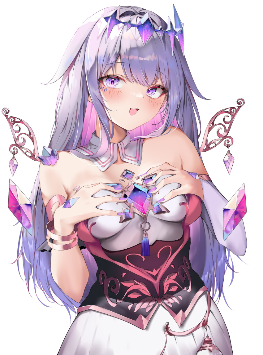 1girl absurdres bare_shoulders blue_brooch blush breasts breasts_apart bridal_gauntlets colored_inner_hair cowboy_shot crown crystal detached_collar dress gem_hair_ornament grabbing_own_breasts gradient_hair grey_hair highres hololive hololive_english jewelry kohika koseki_bijou long_hair looking_at_viewer medium_breasts metal_wings multicolored_hair open_mouth pink_hair purple_eyes purple_nails simple_background single_bridal_gauntlet smile solo virtual_youtuber white_background white_bridal_gauntlets white_dress