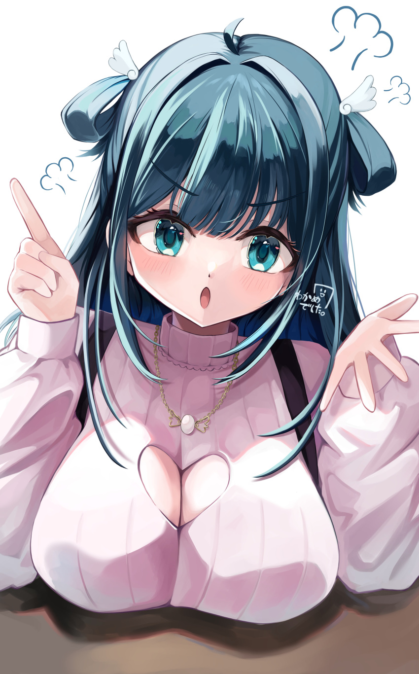 1girl absurdres ahoge amano_nene_(vtuber) amano_nene_(vtuber)_(1st_costume) angry blue_eyes blue_hair blush breast_rest breasts cleavage cleavage_cutout clothing_cutout commentary dark_blue_hair english_commentary hair_rings half_updo head_steam heart_cutout highres index_finger_raised jewelry large_breasts long_hair long_sleeves looking_at_viewer necklace open_mouth parted_hair pink_sweater production_kawaii ribbed_sweater sidelocks signature simple_background solo suspenders sweater turtleneck turtleneck_sweater upper_body v-shaped_eyebrows virtual_youtuber wakamewakame282 white_background wing_hair_ornament winged_heart