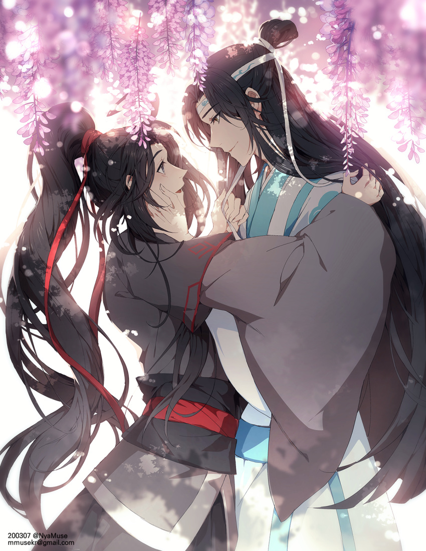 2boys artist_name bishounen black_eyes black_hair black_sash blue_sash blurry blurry_foreground blush chinese_clothes closed_mouth commentary_request depth_of_field email_address eye_contact flower hair_bun hair_ribbon hand_on_another's_cheek hand_on_another's_face hand_up hanfu headband high_ponytail highres lan_wangji long_hair long_sleeves looking_at_another male_focus mo_dao_zu_shi multiple_boys muse_(rainforest) open_mouth parted_bangs ponytail profile purple_flower red_ribbon ribbon robe sash sidelocks simple_background single_hair_bun smile twitter_username very_long_hair watermark wei_wuxian white_headband white_ribbon white_robe wide_sleeves wisteria yaoi yellow_eyes