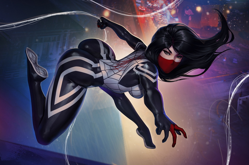 1girl ass black_hair black_suit breasts brown_eyes cindy_moon city highres long_hair looking_at_viewer marvel medium_breasts mrgunn-art red_mask silk silk_(marvel) skin_tight spider-man:_into_the_spider-verse spider-man_(series) spider_web suit superhero swinging