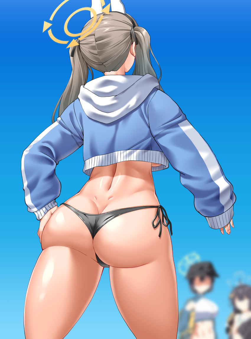 3girls absurdres animal_ears ass ass_focus back bikini black_bikini black_bikini_bottom blue_archive blue_hoodie blue_sweater blurry blurry_background breasts brown_hair cropped_hoodie cropped_sweater dimples_of_venus facing_away fake_animal_ears from_behind halo hand_on_own_hip highres hood hoodie kirochef large_breasts long_hair long_sleeves moe_(blue_archive) multiple_girls side-tie_bikini_bottom sleeves_past_wrists solo_focus sweater swimsuit thick_thighs thighs thong twintails underboob yellow_halo