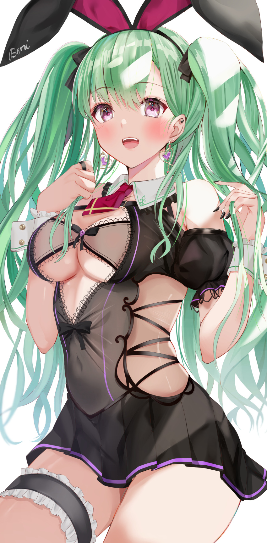 1girl :d absurdres animal_ears bare_legs bare_shoulders black_dress black_nails blush breasts bridal_garter character_name cleavage covered_navel cowboy_shot detached_collar dress ear_piercing earrings fake_animal_ears fingernails frills green_hair hands_up heart heart_earrings highres jewelry long_hair looking_at_viewer medium_breasts mole mole_on_breast nail_polish necktie open_clothes open_mouth open_shirt piercing purple_eyes rabbit_ears red_necktie skirt smile solo teeth thigh_strap toratora_(nanahaba) twintails upper_teeth_only virtual_youtuber vspo! wrist_cuffs yakumo_beni