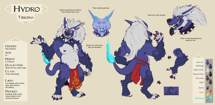 absurd_res anthro blue_body blue_fur canid canid_demon canine collar demon english_text fur hair hellhound hi_res hydroplane jawsandcorp long_ears long_hair male mammal red_eyes slightly_chubby solo spiked_collar spikes tail_flame text tibicena tusks yellow_sclera
