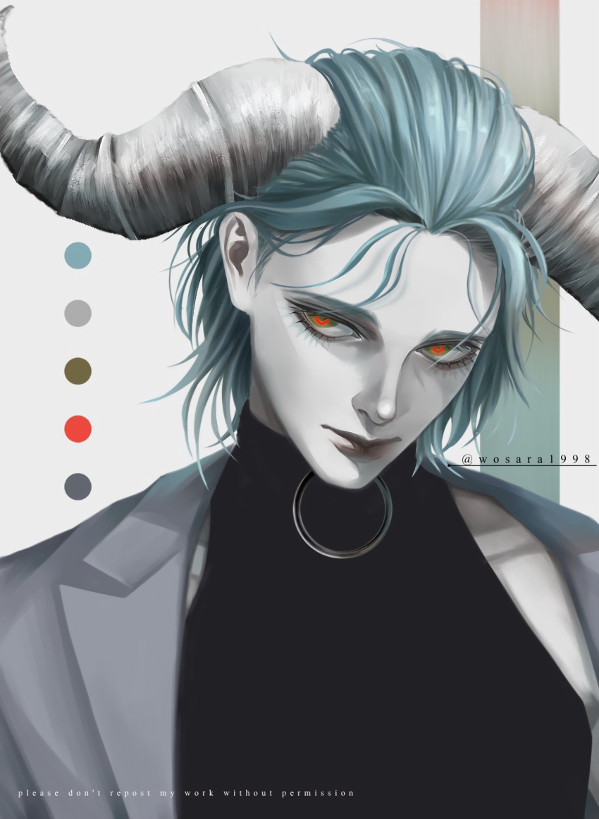 1boy blue_hair color_guide commentary_request hair_slicked_back highres horns looking_at_viewer male_focus monster_boy original red_eyes short_hair solo wosara