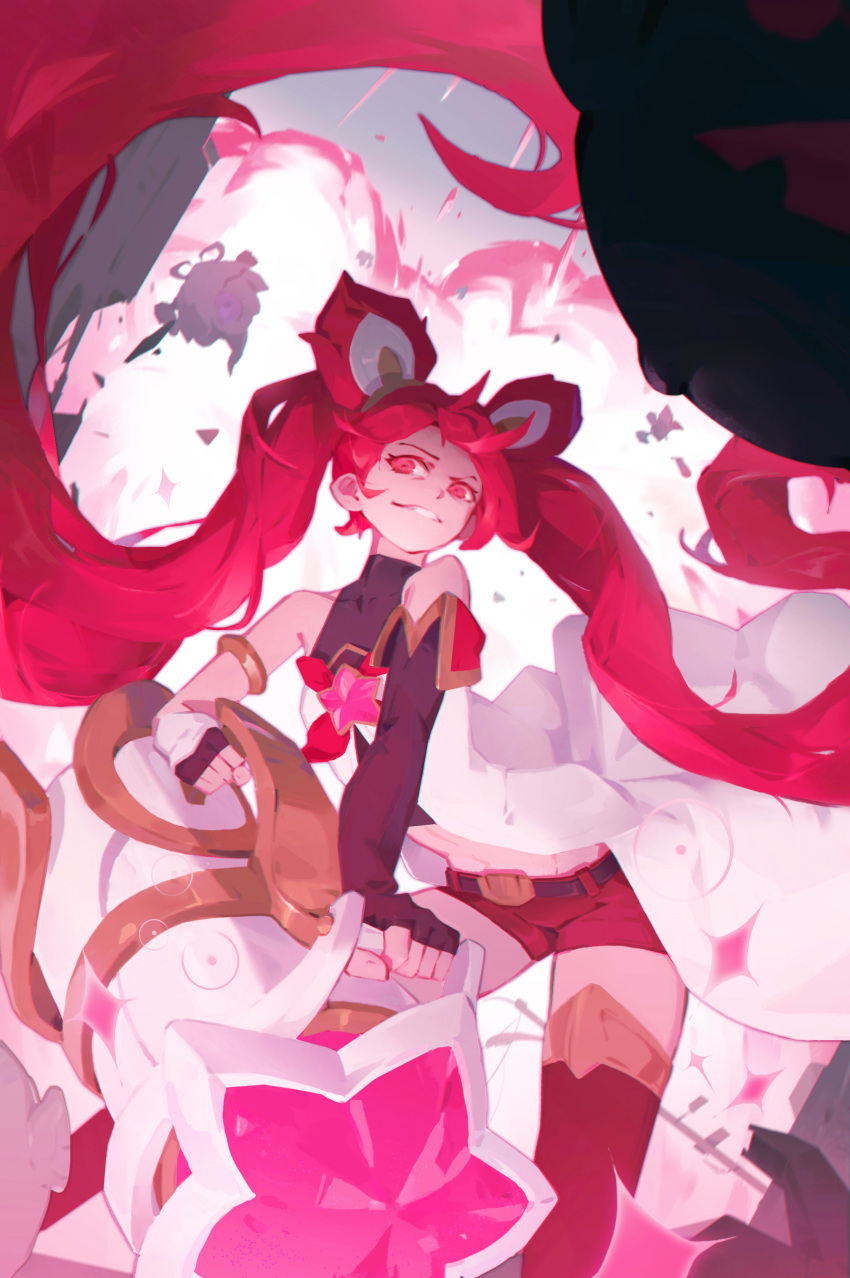 1girl absurdres animal_ears armlet bare_shoulders belt black_belt covered_collarbone dress fake_animal_ears flat_chest hair_ornament highres holding holding_weapon jinx_(league_of_legends) league_of_legends long_hair qchbtb red_background red_eyes red_hair red_shorts red_thighhighs shorts single_sleeve solo star_guardian_(league_of_legends) star_guardian_jinx teeth thighhighs twintails very_long_hair weapon white_background white_dress