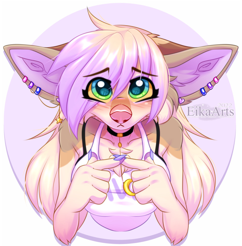 2022 5_fingers anthro blonde_hair breasts brown_body brown_fur canid canine clothed clothing digital_media_(artwork) ear_piercing ear_ring ei-ka eyebrows eyelashes female fingers fox fur hair mammal piercing pink_hair ring_piercing