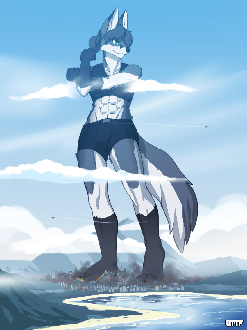 2022 3:4 4_toes abs absurd_res aircraft airplane anthro athletic athletic_anthro athletic_female biped black_nose blue_eyes canid canine city cloud crossed_arms destruction digital_media_(artwork) feet female fox fur gasmaskfox giga gloves_(marking) grey_body grey_fur hair hi_res jet leg_markings macro mammal markings midriff mountain nova_(gasmaskfox) smile socks_(marking) standing toes water white_body white_fur