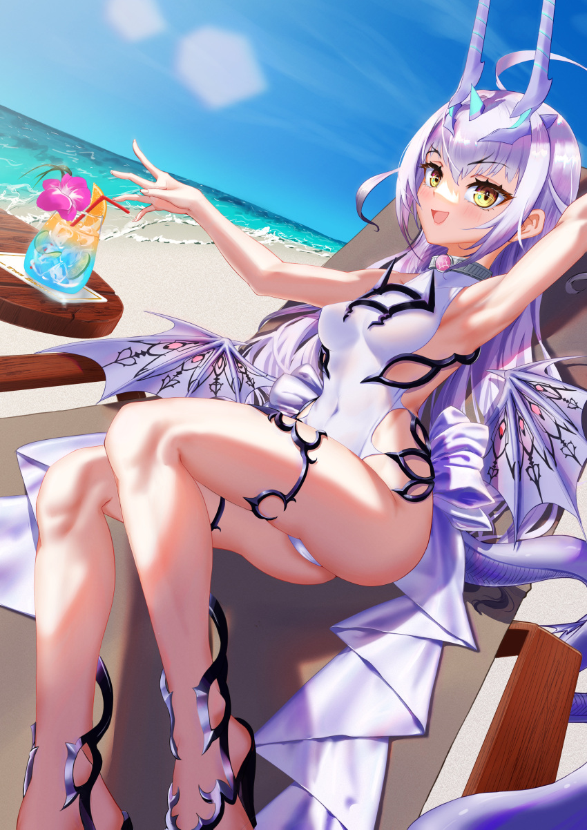 1girl absurdres ahoge arm_up armpits atenderliver bare_shoulders beach blue_sky breasts cup dragon_tail dragon_wings drinking_glass fate/grand_order fate_(series) forked_eyebrows highres horns long_hair looking_at_viewer medium_breasts melusine_(fate) melusine_(swimsuit_ruler)_(fate) one-piece_swimsuit open_mouth shore sidelocks sky smile solo swimsuit tail thighlet white_hair white_one-piece_swimsuit wings yellow_eyes