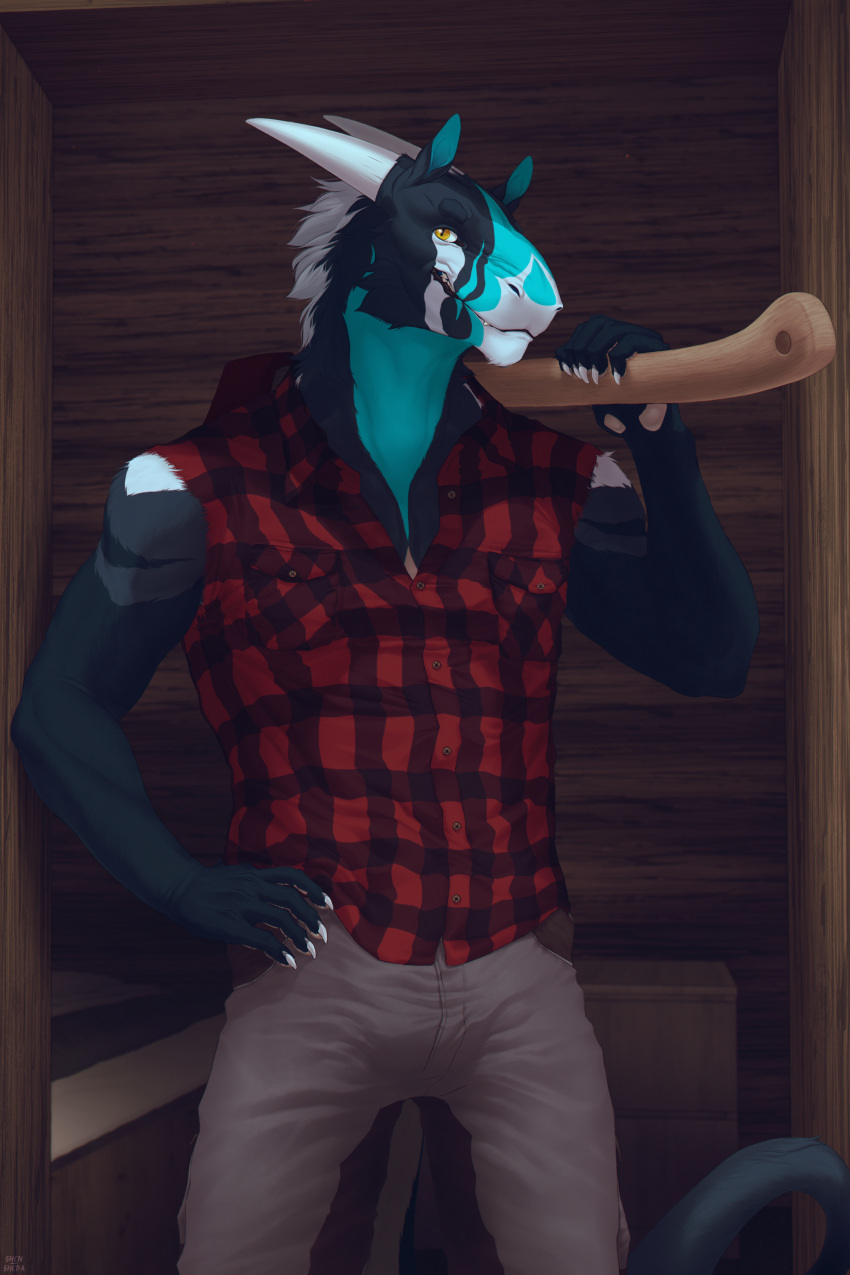 absurd_res anthro blue_body blue_fur cabin clothed clothing felkin fur hi_res horn lumberjack male shen_shepa solo waldoch