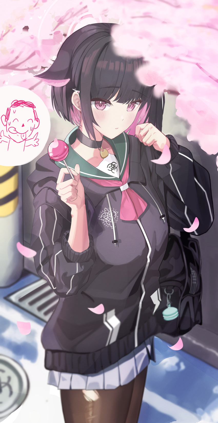 1girl absurdres animal_ears black_choker black_hair black_hoodie black_jacket black_pantyhose blue_archive blush candy cat_choker cat_ears cherry_blossoms choker colored_inner_hair extra_ears food green_sailor_collar halo highres hood hooded_jacket hoodie jacket kazusa_(blue_archive) lollipop miniskirt multicolored_hair neckerchief pantyhose pink_hair pink_halo pink_neckerchief pleated_skirt red_eyes sailor_collar sensei_(blue_archive) short_hair skirt slime401 solo torn_clothes torn_pantyhose two-tone_hair