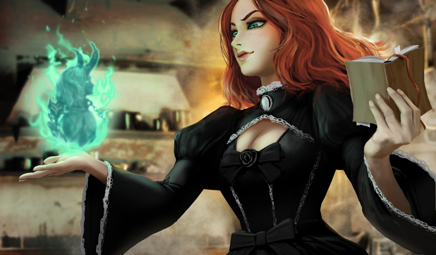 1girl black_dress book breasts cleavage cleavage_cutout clothing_cutout demon dress familiar green_eyes highres holding holding_book long_sleeves original red_hair ruben_de_vela summoning wide_sleeves witch