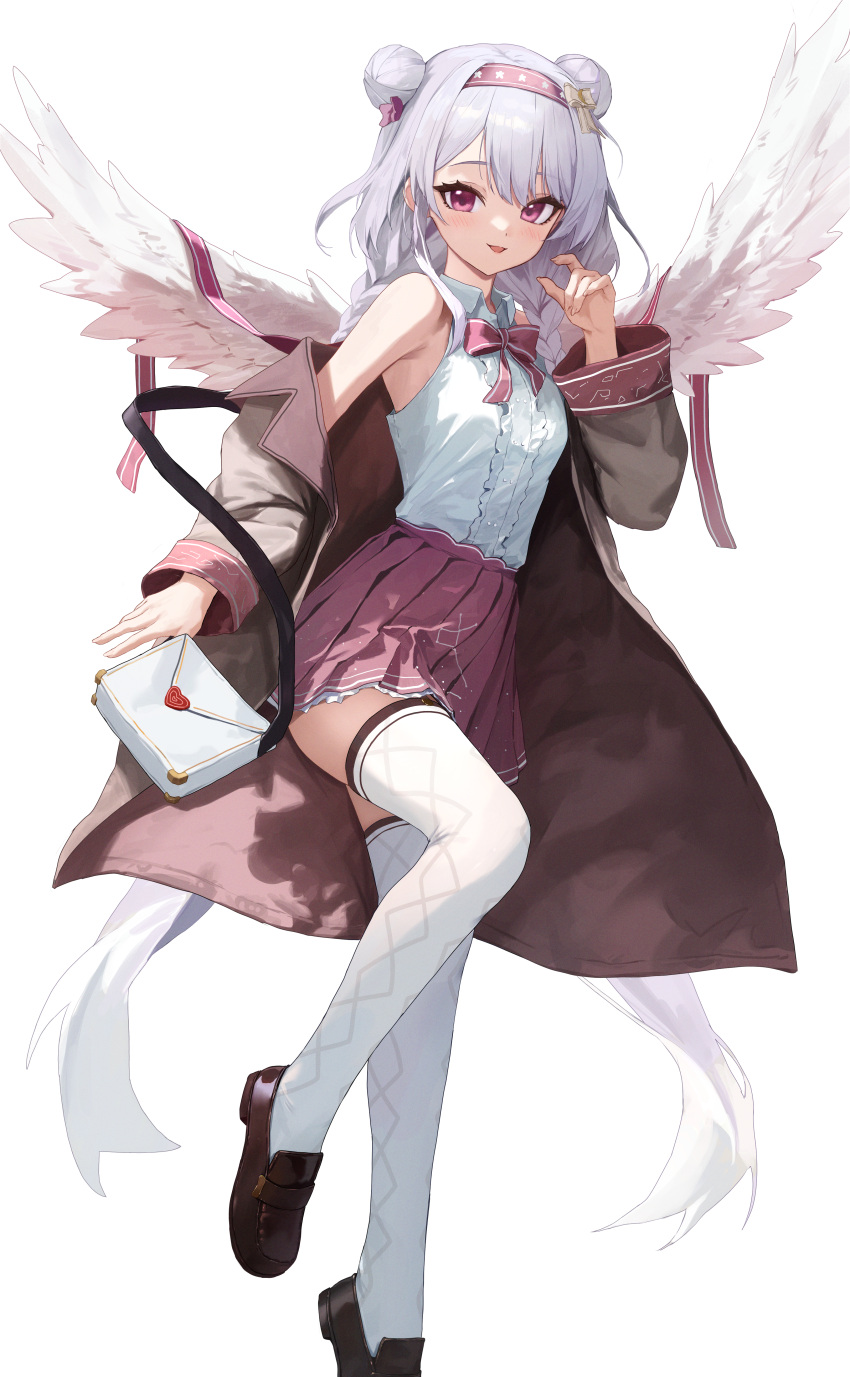 1girl :d absurdres angel_wings bag bare_shoulders blush bow braid buttons collared_shirt commission double_bun feathered_wings hair_bow hair_bun hairband hand_up handbag highres indie_virtual_youtuber jacket long_hair long_sleeves looking_at_viewer off_shoulder pink_hairband pleated_skirt purple_bow purple_eyes purple_jacket purple_skirt satchel shirt simple_background skeb_commission skirt sleeveless sleeveless_shirt smile solo toi1et_paper twin_braids very_long_hair virtual_youtuber white_background white_hair white_shirt white_wings wings