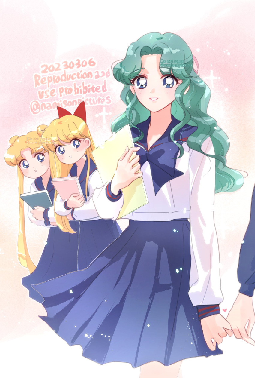 4girls aino_minako bishoujo_senshi_sailor_moon blonde_hair blue_bow blue_eyes blue_sailor_collar blue_shirt blue_sky bow cowboy_shot crossed_arms double_bun green_eyes hair_bow hair_bun highres holding holding_notebook interlocked_fingers kaiou_michiru long_hair long_sleeves multiple_girls namisonpictures notebook out_of_frame parted_bangs parted_lips pinky_out red_bow sailor_collar school_uniform serafuku shirt skirt sky smile sparkle ten'ou_haruka tsukino_usagi twintails wavy_hair white_shirt yuri