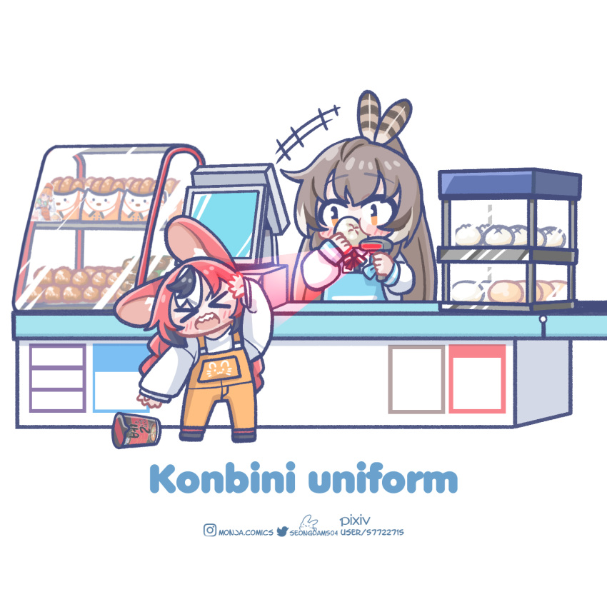 2girls animal_ears apron baozi barcode_scanner blue_apron blush_stickers brown_hair cash_register chibi commentary convenience_store counter eating english_commentary english_text food hakos_baelz highres hololive hololive_english instagram_username looking_at_another monja_(monja0521) mouse_ears multiple_girls pixiv_username ponytail red_hair shop simple_background strawberry_baelz twitter_username white_background yellow_overalls