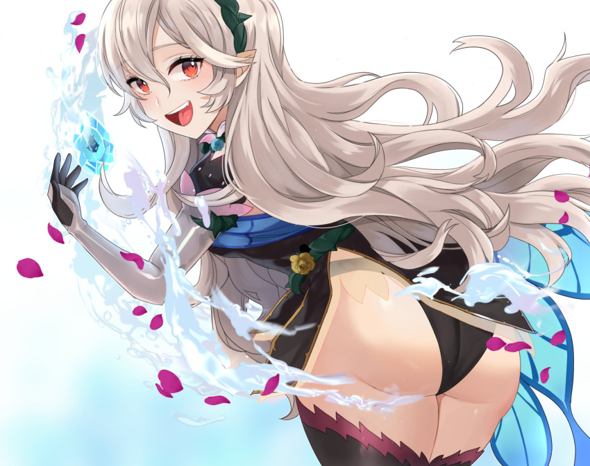 1girl ass corrin_(female)_(fire_emblem) corrin_(female)_(resplendent)_(fire_emblem) corrin_(fire_emblem) fire_emblem fire_emblem_fates fire_emblem_heroes grey_hair headband highres legs_together lilshironeko long_hair looking_at_viewer looking_back official_alternate_costume open_mouth red_eyes smile solo teeth upper_teeth_only water white_background