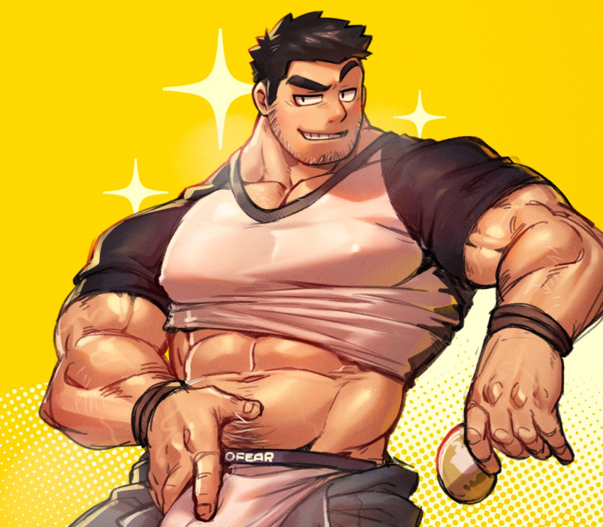1boy bara beard_stubble black_hair clothes_lift clothes_writing come_hither covered_nipples cowboy_shot crotch_grab erection highres huge_eyebrows large_hands large_pectorals looking_at_viewer lucas_lee male_focus male_underwear mature_male midriff_peek muscular muscular_male navel navel_hair open_fly paid_reward_available pectorals raised_eyebrow scott_pilgrim_takes_off seductive_smile shirt shirt_lift short_hair smile solo sparkling_aura strongman_waist tight_clothes tight_shirt underwear vorusu white_male_underwear