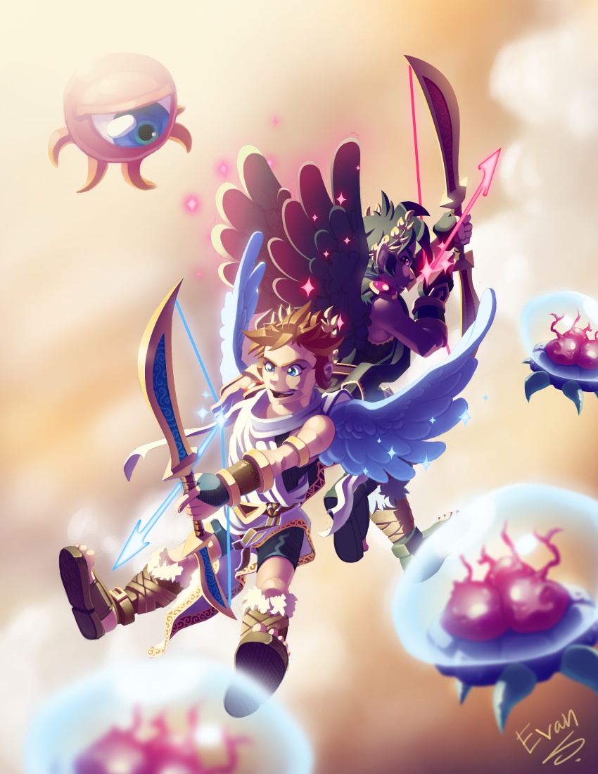 2boys above_clouds absurdres angel angel_and_devil arm_up armlet arrow_(projectile) artist_name back-to-back bare_shoulders bike_shorts black_gloves black_hair black_wings blue_eyes blurry blurry_background bow_(weapon) brown_footwear brown_hair cloud commentary dark_pit day drawing_bow english_commentary evan_stanley feathered_wings fingerless_gloves fur-trimmed_footwear gem gloves gold green_footwear happy highres holding holding_bow_(weapon) holding_weapon kid_icarus komayto laurel_crown looking_back male_focus monoeye multiple_boys one-eyed open_mouth orange_background outdoors outstretched_arm pit_(kid_icarus) red_eyes red_gemstone sandals short_hair signature single_glove smile sparkle teeth toga v-shaped_eyebrows weapon white_wings wings