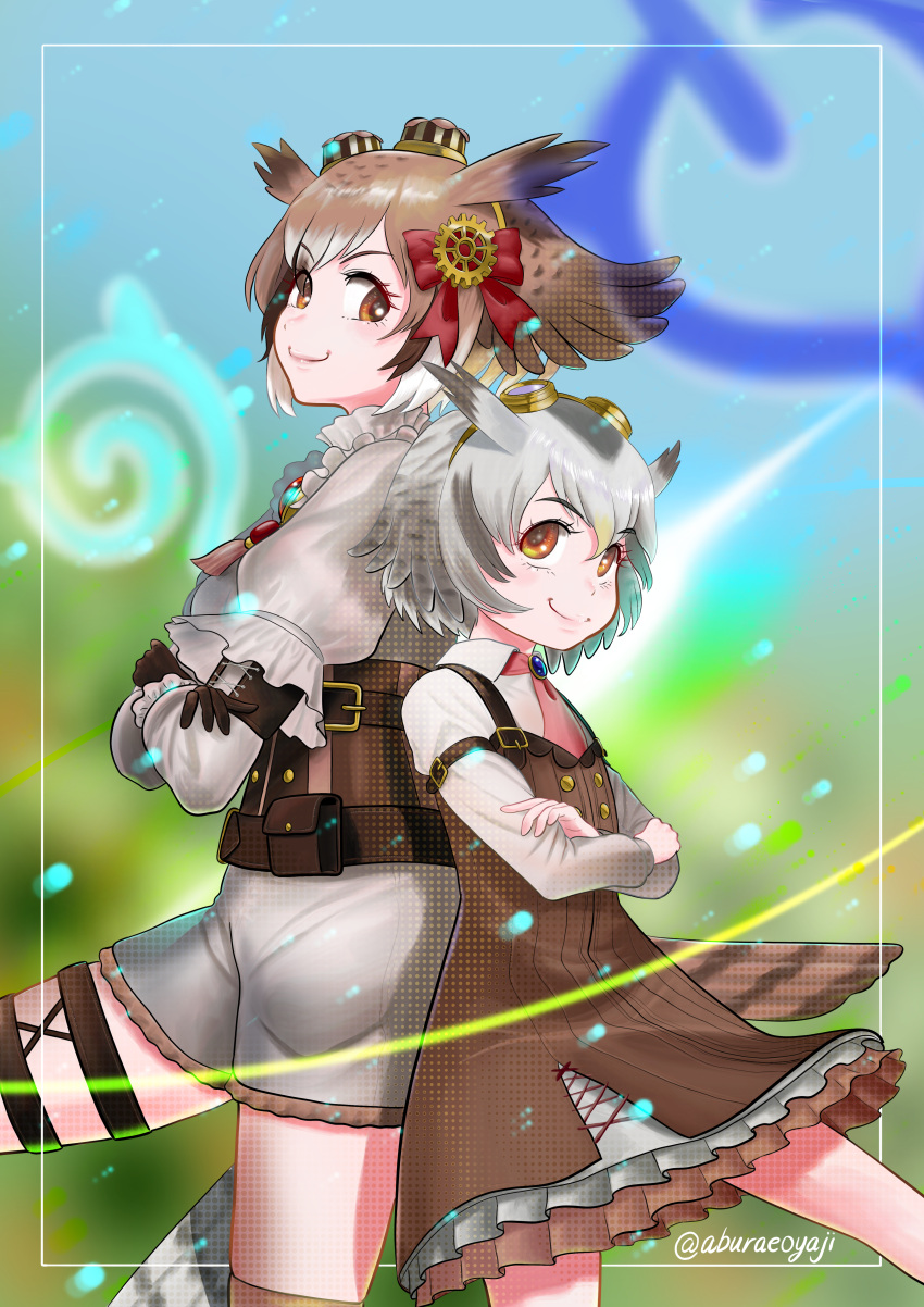 2girls absurdres aburaeoyaji back-to-back bird_girl bird_tail bird_wings blonde_hair blouse blurry blurry_background bow brown_eyes brown_hair corset cowboy_shot crossed_arms dress eurasian_eagle_owl_(kemono_friends) eyelashes frilled_dress frilled_shirt_collar frills gloves goggles goggles_on_head grey_hair hair_between_eyes hair_bow head_wings height_difference highres kemono_friends layered_sleeves lips long_sleeves looking_at_another looking_down looking_up medium_hair multicolored_hair multiple_girls northern_white-faced_owl_(kemono_friends) official_alternate_costume owl_ears shirt short_dress shorts smile tail twitter_username wing_collar wings