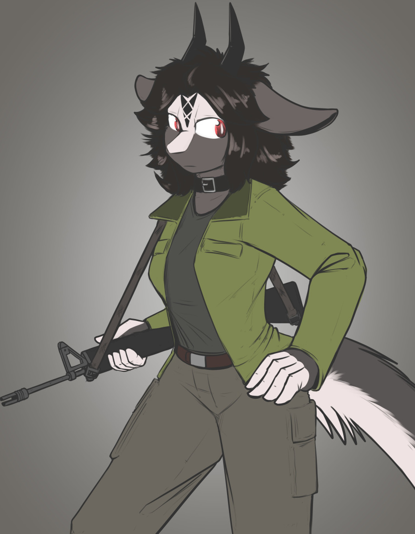 2023 absurd_res anthro assault_rifle belt black_body black_clothing black_fur black_hair black_shirt black_topwear bottomwear chabett clothing collar dragon female fur furred_dragon gun hair hi_res horn jacket looking_at_viewer m16 pants ranged_weapon red_eyes rifle shirt short_hair solo topwear vizelius weapon white_body white_fur wingless_dragon