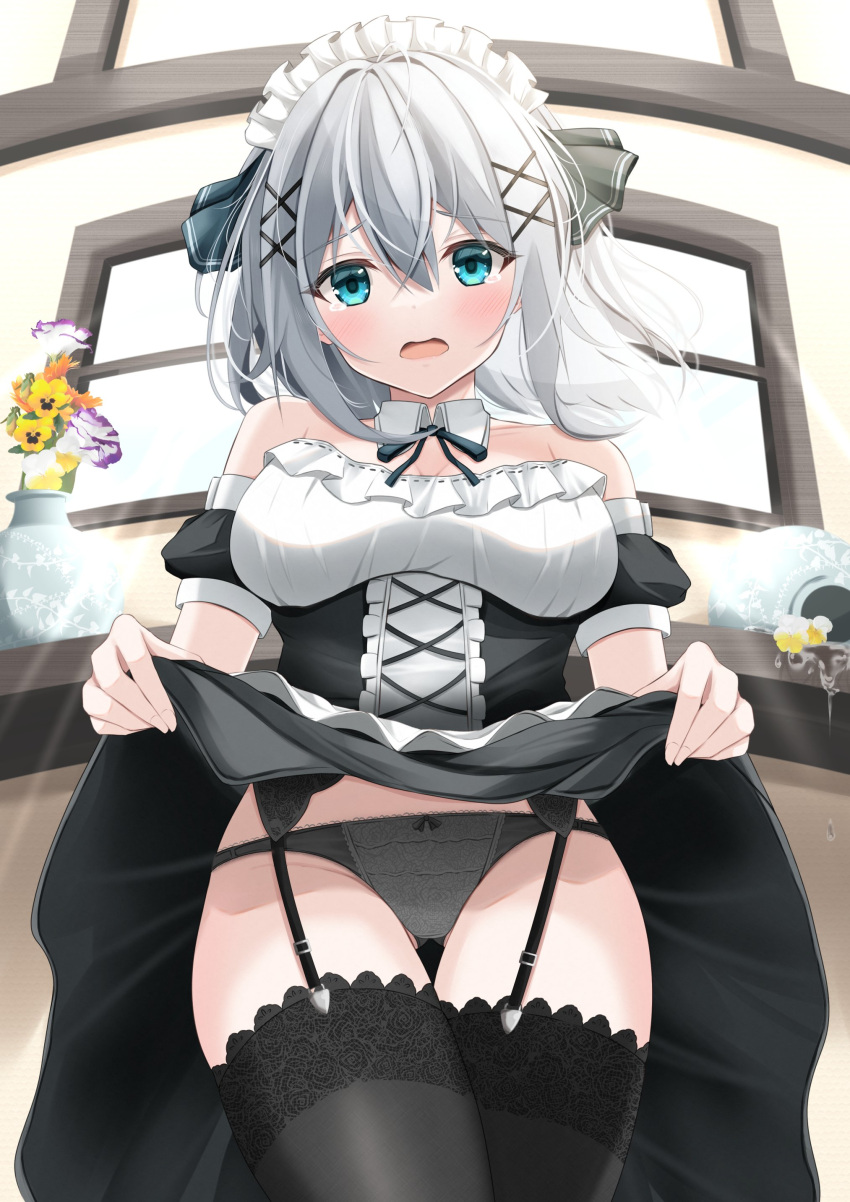 1girl absurdres arm_cuffs black_panties black_thighhighs blue_eyes blush bow bowtie breasts clothes_lift commentary_request cowboy_shot detached_collar dress dress_lift embarrassed flower from_below garter_belt garter_straps hair_ornament hairclip highres kamesys large_breasts light_rays lingerie looking_at_viewer maid maid_day maid_headdress medium_hair open_mouth original panties plant solo spill strapless strapless_dress sunlight tears thighhighs underwear vase white_hair window