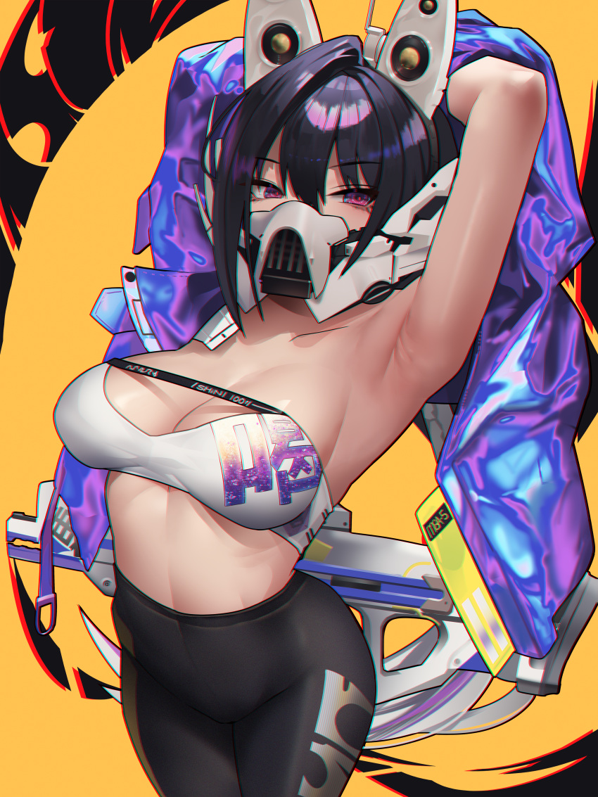 1girl absurdres arm_up armpits bandeau black_hair black_pants breasts cleavage collarbone gloomyowl goddess_of_victory:_nikke hair_between_eyes headgear high-waist_pants high_ponytail highres jacket large_breasts leggings long_hair looking_at_viewer mask mouth_mask navel open_clothes open_jacket pants purple_eyes purple_jacket sin_(nikke) solo standing stomach strapless thighs tube_top yoga_pants