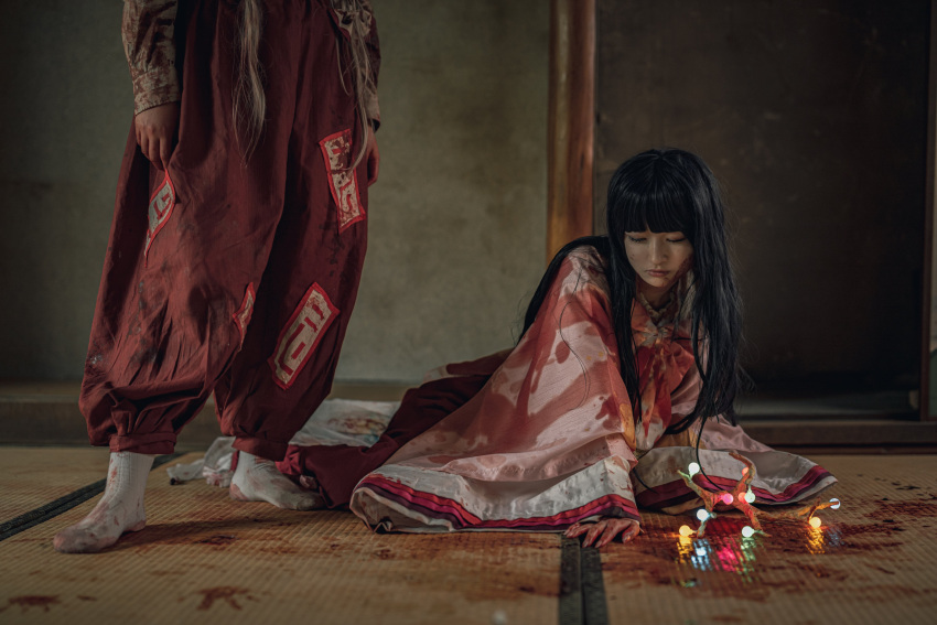 2girls absurdres black_hair blood blood_in_hair blood_on_clothes blood_on_face blood_on_ground blood_on_hands blood_stain branch cosplay cosplay_photo frilled_skirt frills fujiwara_no_mokou highres hime_cut houraisan_kaguya jeweled_branch_of_hourai long_hair long_skirt lying multiple_girls ofuda ofuda_on_clothes panties pants photo_(medium) pink_ribbon pink_shirt red_panties red_skirt ribbon shirt skirt socks standing touhou tuzura_cosplay underwear very_long_hair white_hair white_shirt white_socks wide_sleeves