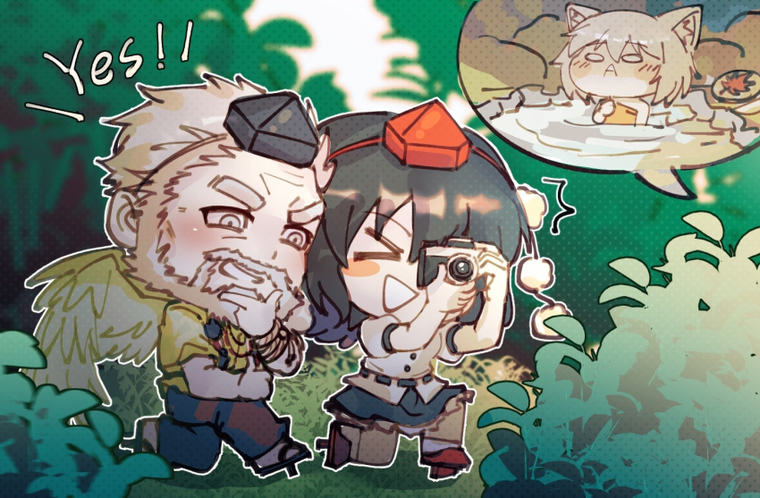 &gt;_&lt; 1boy 2girls ^^^ animal_ear_fluff animal_ears beard black_footwear black_headwear black_skirt black_wings blue_pants blush blush_stickers bracelet bush buttons camera character_request chibi chinese_commentary commentary_request crossover english_text facial_hair feathered_wings frilled_skirt frills geta grass hand_on_own_chin hand_on_own_hip holding holding_camera holding_towel inubashiri_momiji jewelry leaf_print maple_leaf_print miniskirt multiple_girls mustache no_pupils old old_man on_one_knee onsen open_mouth outdoors pants partially_submerged peeking pervert pom_pom_(clothes) puffy_short_sleeves puffy_sleeves red_footwear red_headwear ribbon-trimmed_shirt rock sdz_(inazuma) shameimaru_aya shield shirt short_sleeves skirt smile socks tabi teeth tengu tengu-geta thick_eyebrows tokyo_afterschool_summoners touhou towel triangle_mouth water white_eyes white_hair white_shirt white_socks white_wings wings wolf_ears yellow_shirt yes