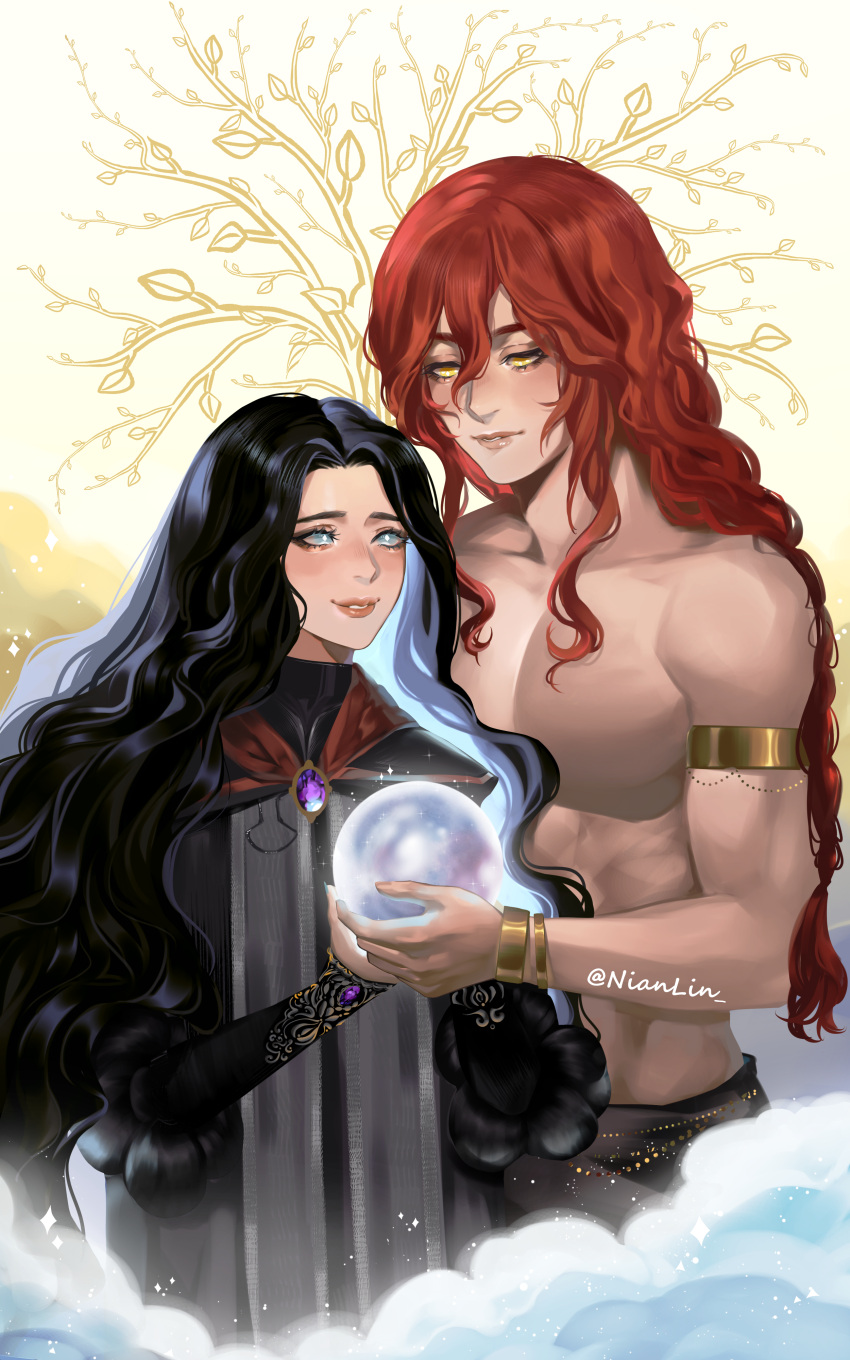 1boy 1girl absurdres armlet ball bare_pectorals black_cloak black_hair black_skirt blue_eyes braid cloak couple crystal_ball elden_ring erdtree_(elden_ring) gold_bracelet grey_robe highres holding holding_ball holding_hands husband_and_wife light_smile long_hair long_sleeves looking_at_another nianlin pectorals purple_brooch radagon_of_the_golden_order red_hair rennala_queen_of_the_full_moon robe single_bare_arm single_bare_shoulder skirt topless_male wavy_hair yellow_background yellow_eyes