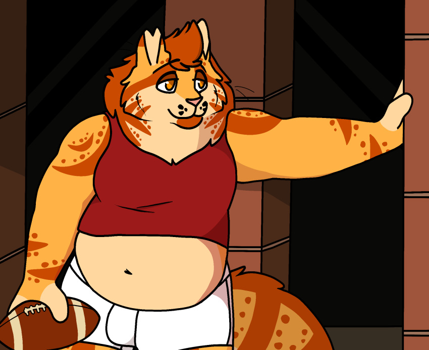 2020 anthro ball belly boxers_(clothing) cel_shading clothed clothing digital_drawing_(artwork) digital_media_(artwork) domestic_cat felid feline felis football_(object) fur hair half-closed_eyes half-length_portrait hi_res holding_ball holding_object leaning_on_wall leonidas_(catchiatore) male mammal midriff narrowed_eyes navel notched_ear orange_body orange_eyes orange_fur overweight overweight_anthro overweight_male pink_nose portrait red_clothing red_shirt red_tank_top red_topwear sebdoggo shaded shirt smile solo tail tan_body tan_fur tank_top topwear underwear whiskers white_boxers white_clothing white_underwear