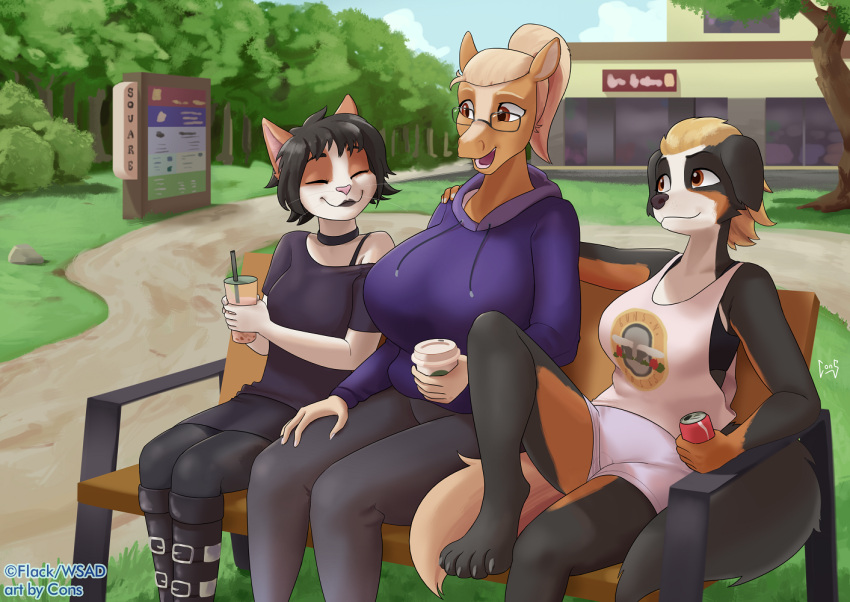 anthro barefoot bench bernese_mountain_dog beverage beverage_can big_breasts black_body black_fur black_hair blonde_hair bobtail_cat boots bra_strap breasts brown_body brown_eyes brown_fur bubble_tea canid canine canis clothing coffee consigspartan domestic_cat domestic_dog equid equine eyes_closed eyewear feet felid feline felis female footwear fur glasses group hair hoodie horse japanese_bobtail kaitlyn_(wsad) lauren_(wsad) leggings legwear mammal miyu_(wsad) molosser mountain_dog outside park park_bench shirt sitting slim smile swiss_mountain_dog talking_to_another tank_top topwear trio white_body white_fur