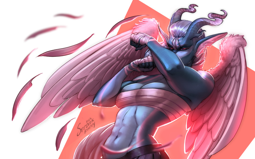 abs anthro feathers female fight fighting_pose hecate hi_res horn pinup pose solo stronkfurry wings