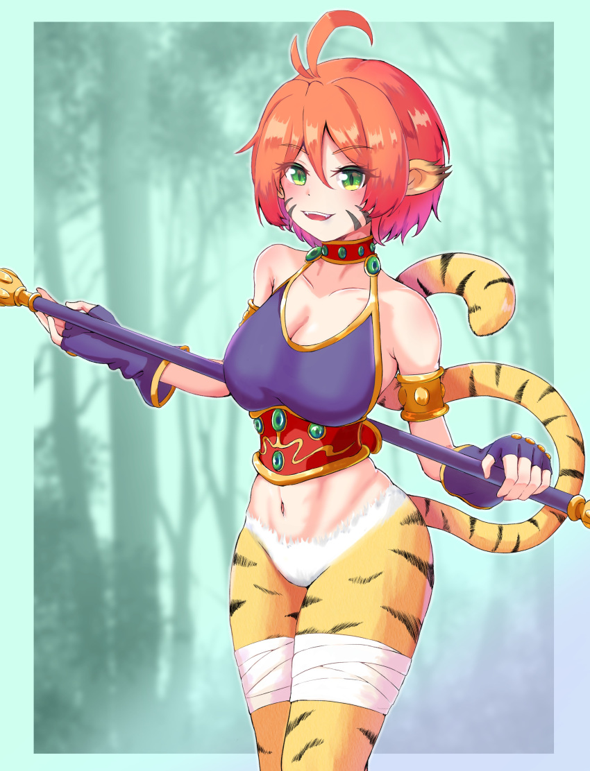 1girl absurdres animal_ears breasts breath_of_fire breath_of_fire_ii bustier cat_ears cat_tail facial_mark fingerless_gloves furry furry_female gloves highres looking_at_viewer no_pants open_mouth orange_hair pointy_ears rinpoo_chuan short_hair smile solo staff tail togenomaru