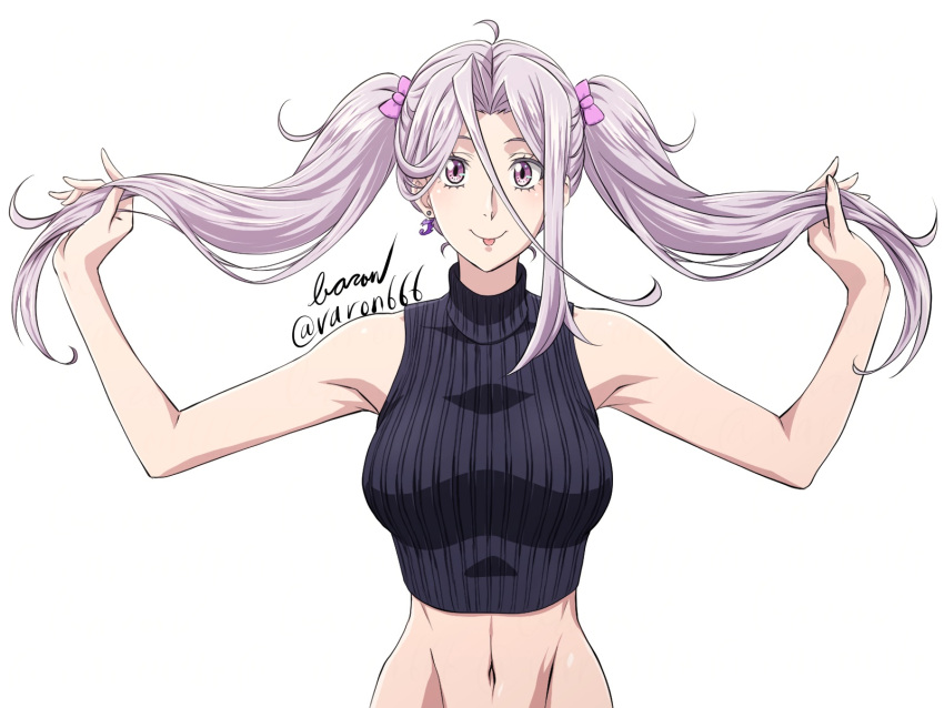 1girl :p ahoge alternate_hairstyle armpits artist_name baron_(varon666) black_sweater bow breasts cropped_sweater earrings hair_between_eyes hair_bow highres holding holding_hair jewelry kamen_rider kamen_rider_w large_breasts long_hair navel pink_bow purple_eyes purple_hair ribbed_sweater shiny_skin simple_background single_earring single_sidelock sleeveless sleeveless_sweater solo stomach sweater tokime_(fuuto_tantei) tongue tongue_out turtleneck turtleneck_sweater twintails upper_body very_long_hair white_background